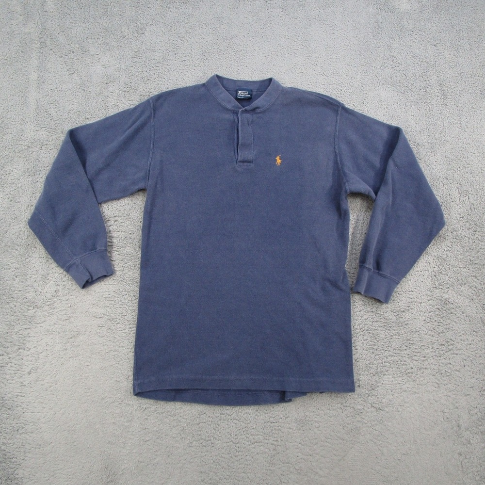 Polo Ralph Lauren Mens L Blue Waffle Knit Long Sleeve Henley Shirt Orange Pony